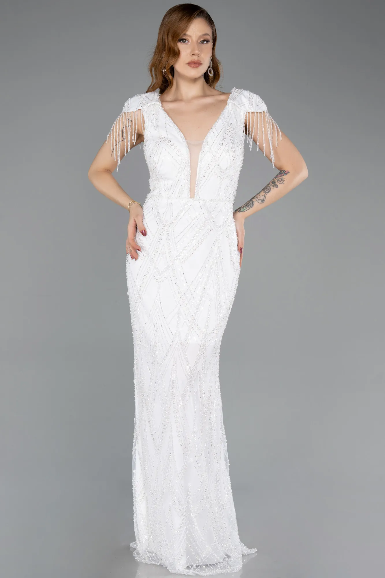 Ecru-Long Beaded Plus Size Evening Dress ABU5336