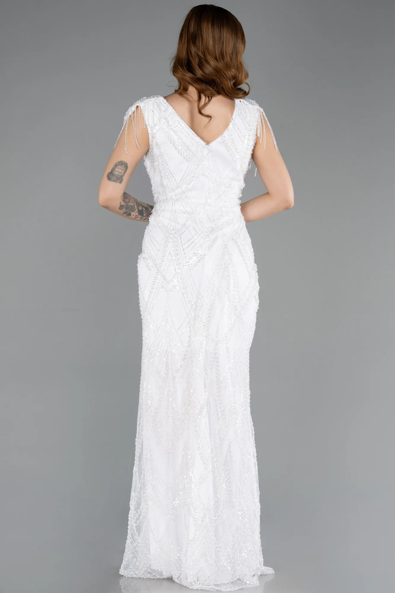 Ecru-Long Beaded Plus Size Evening Dress ABU5336