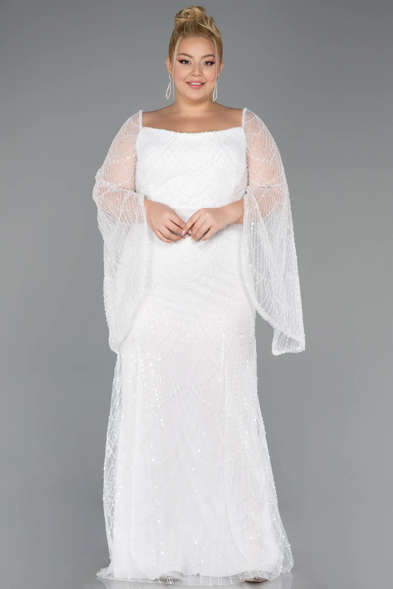 Ecru-Long Beaded Plus Size Evening Gown ABU5067