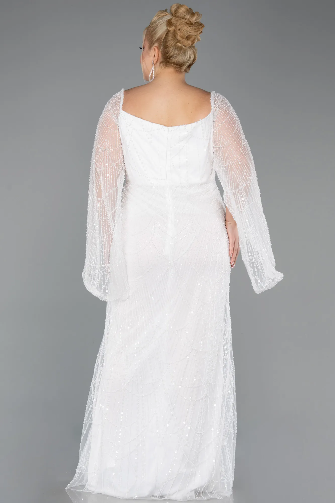 Ecru-Long Beaded Plus Size Evening Gown ABU5067