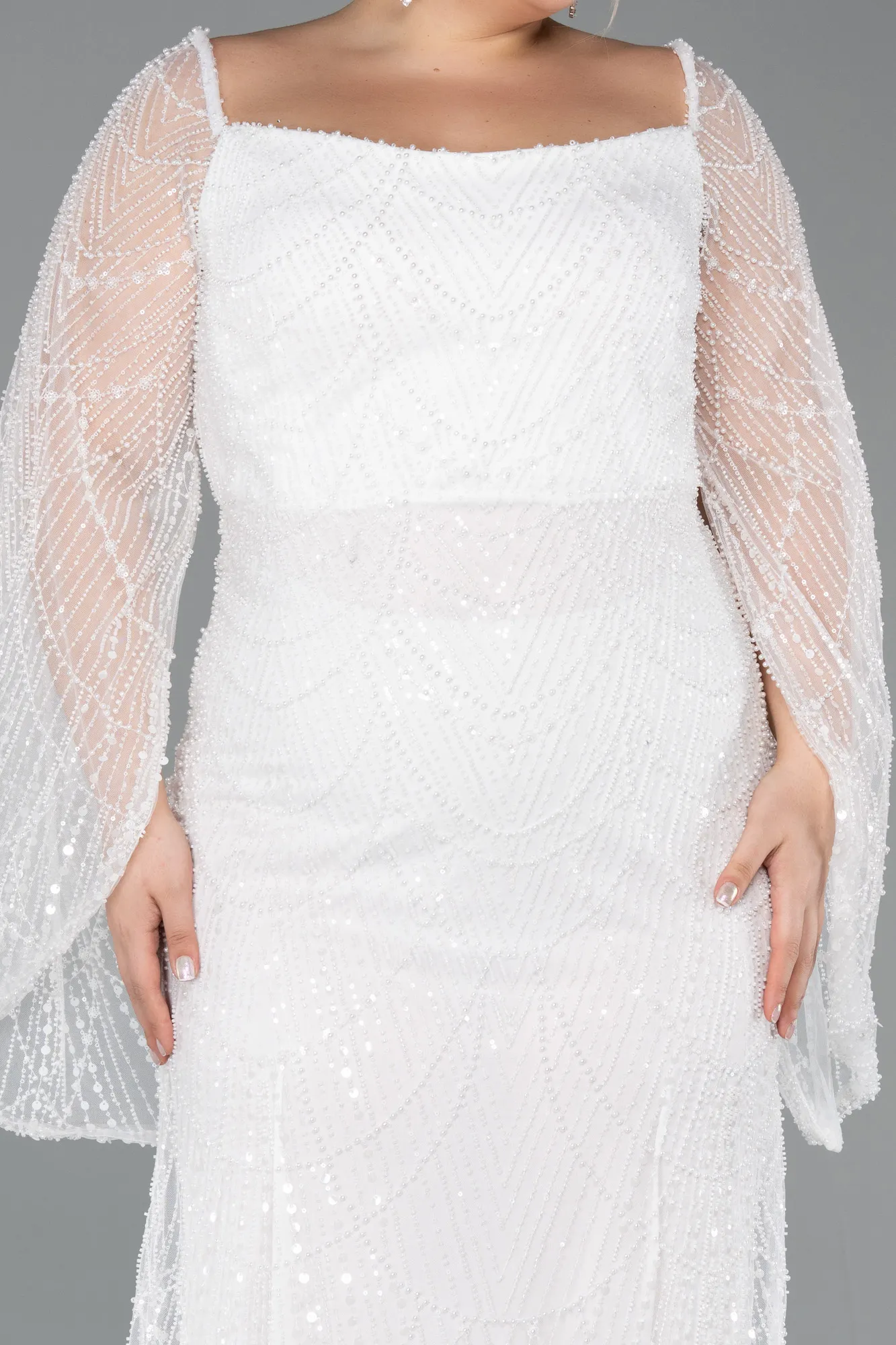 Ecru-Long Beaded Plus Size Evening Gown ABU5067