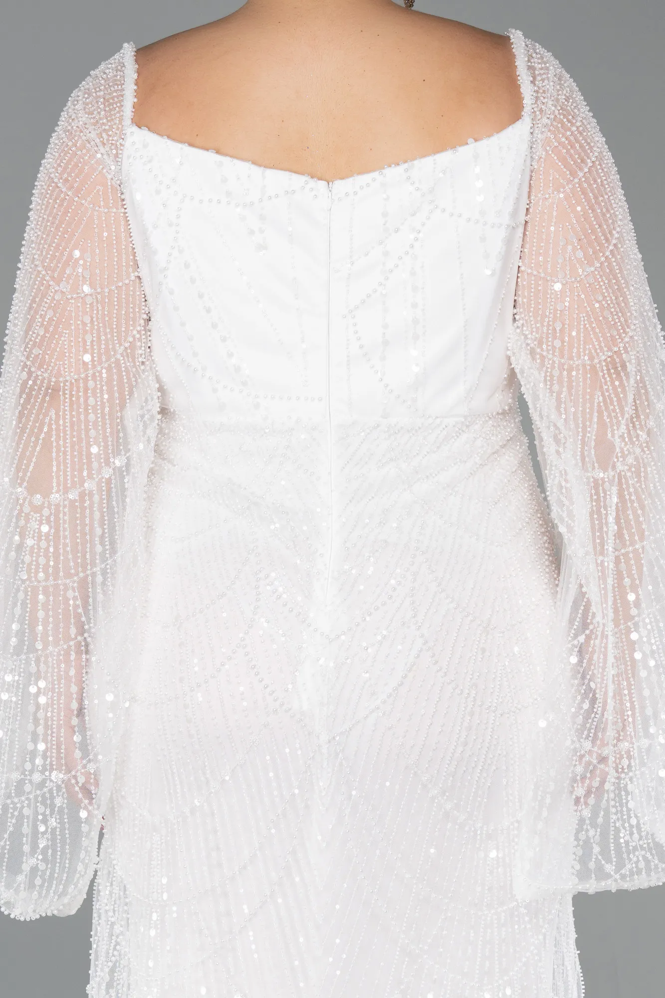 Ecru-Long Beaded Plus Size Evening Gown ABU5067