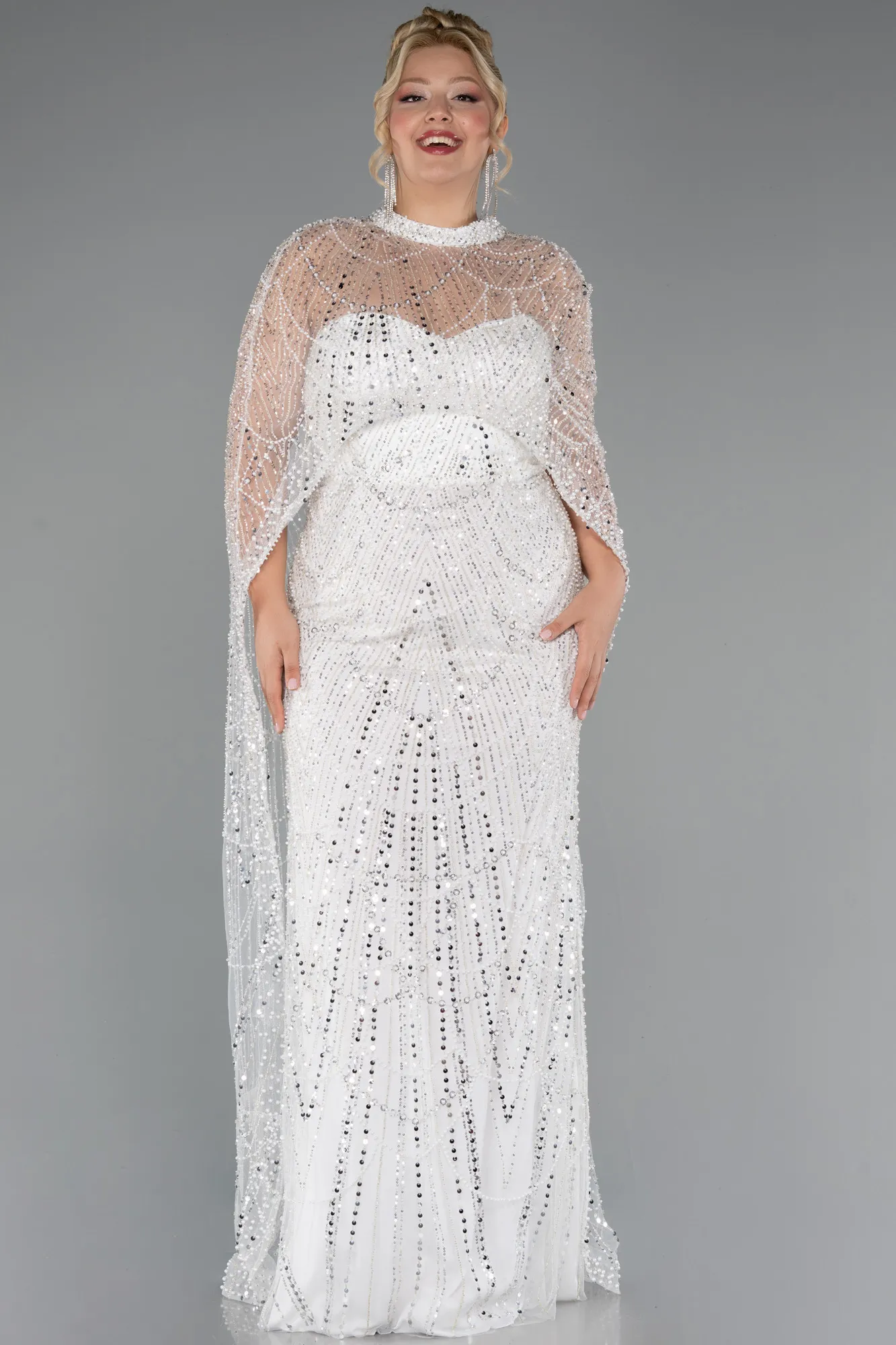 Ecru-Long Beaded Plus Size Wedding Dress ABU5328