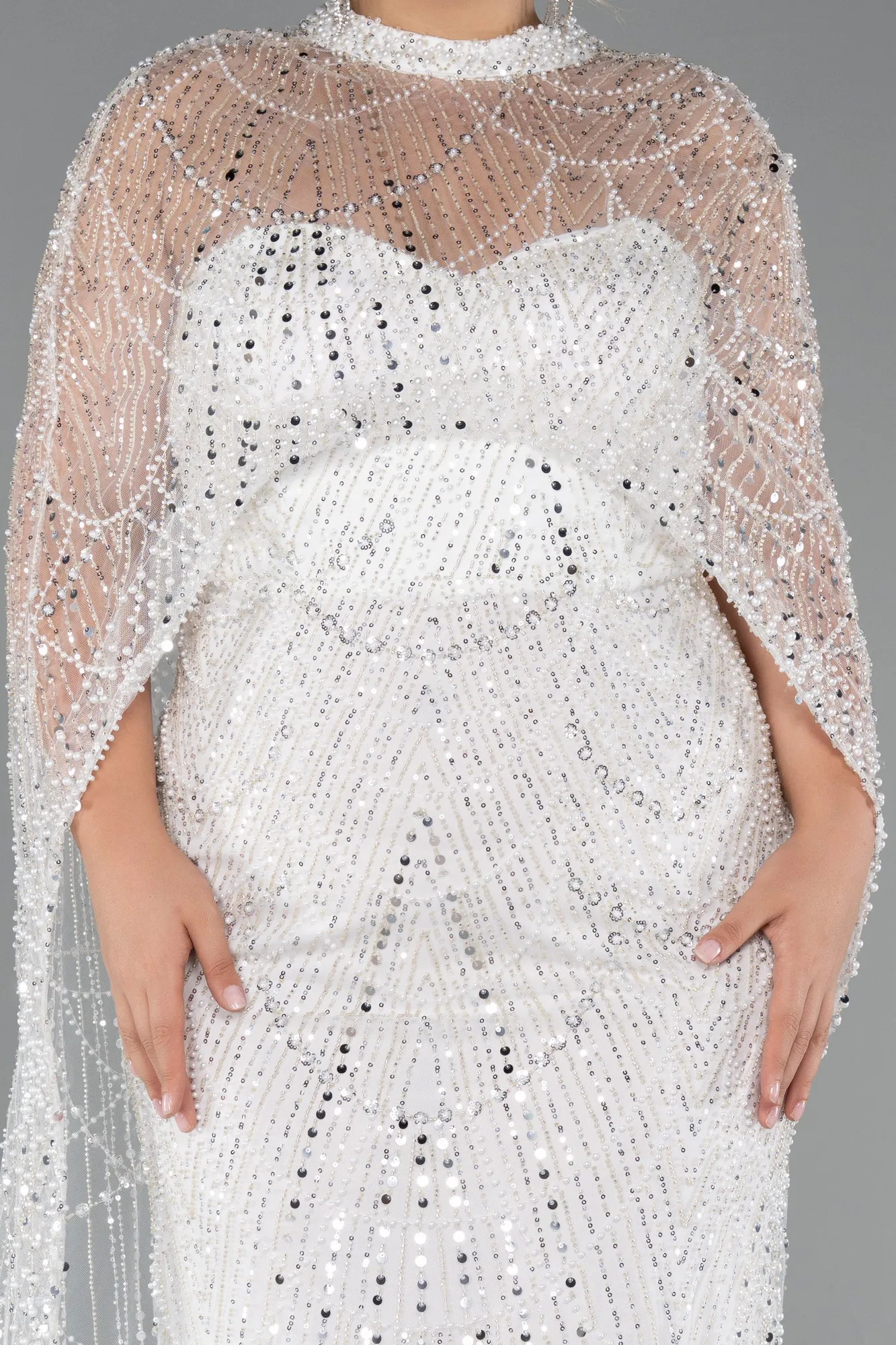 Ecru-Long Beaded Plus Size Wedding Dress ABU5328