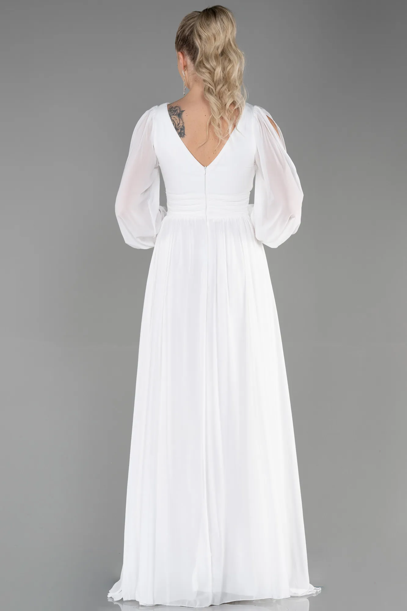 Ecru-Long Chiffon Evening Dress ABU1702