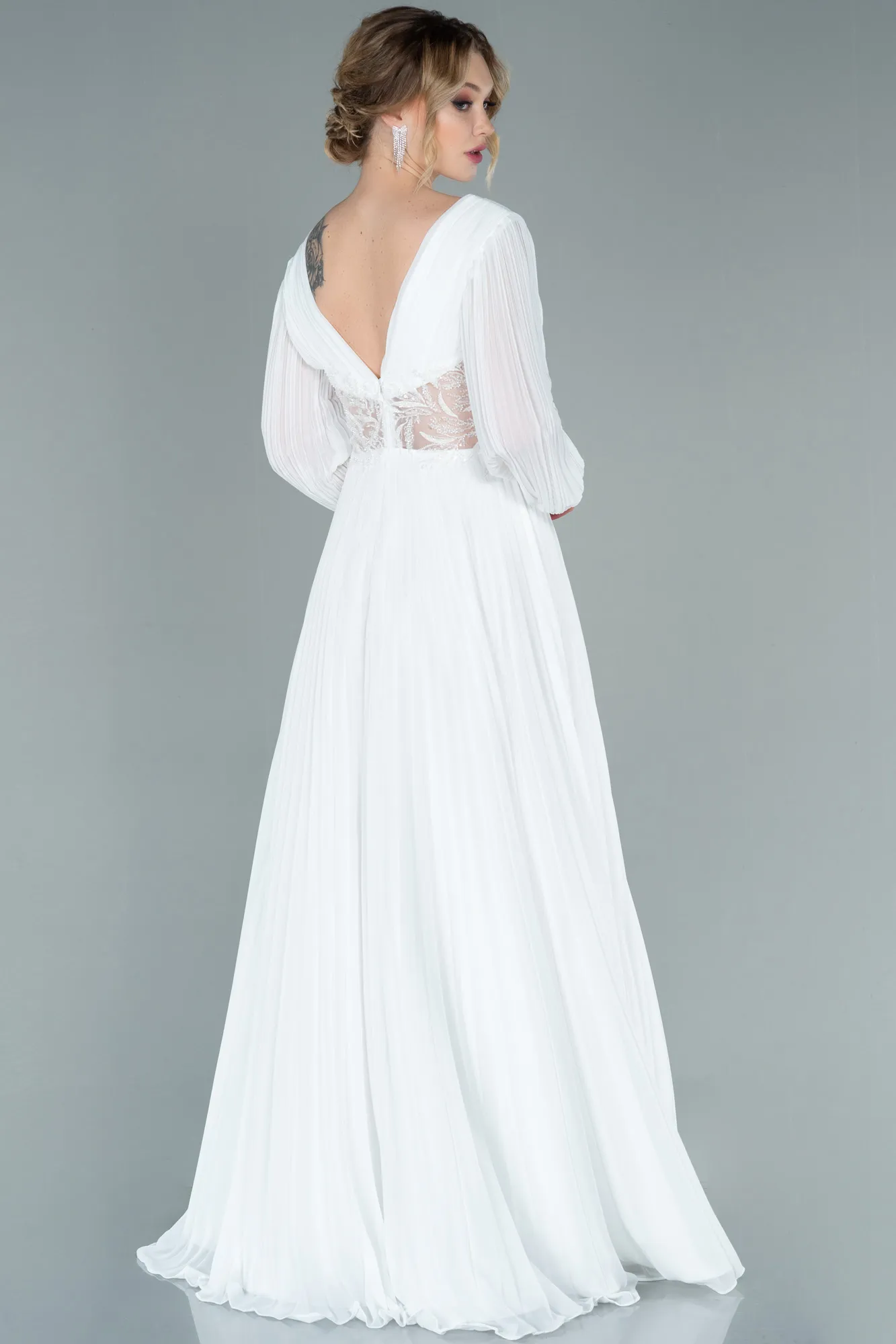 Ecru-Long Chiffon Evening Dress ABU2183
