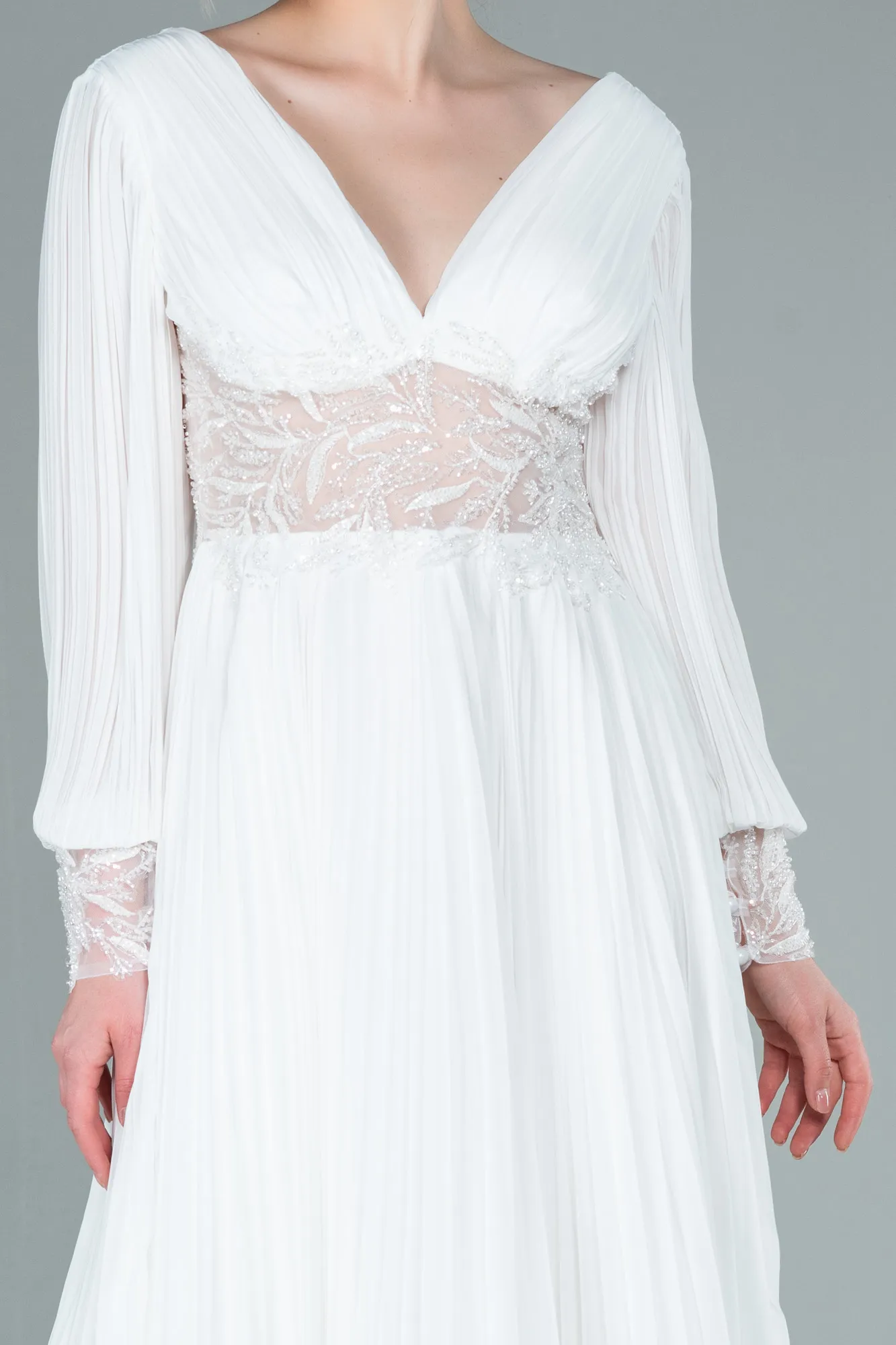 Ecru-Long Chiffon Evening Dress ABU2183