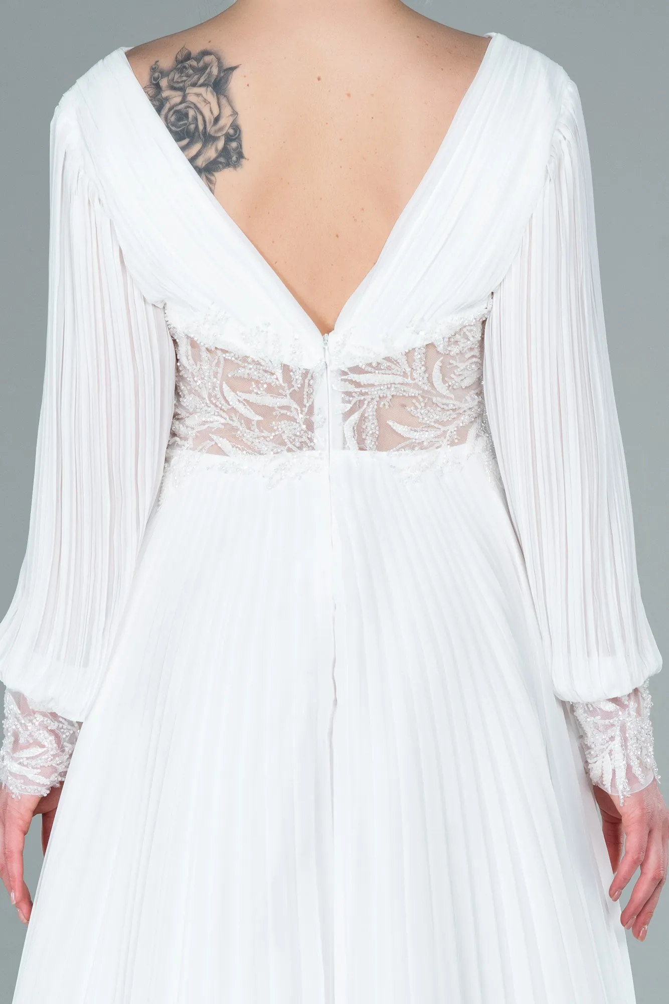 Ecru-Long Chiffon Evening Dress ABU2183