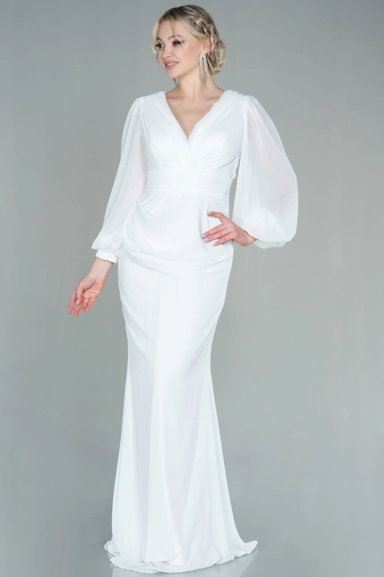 Ecru-Long Chiffon Evening Dress ABU2818