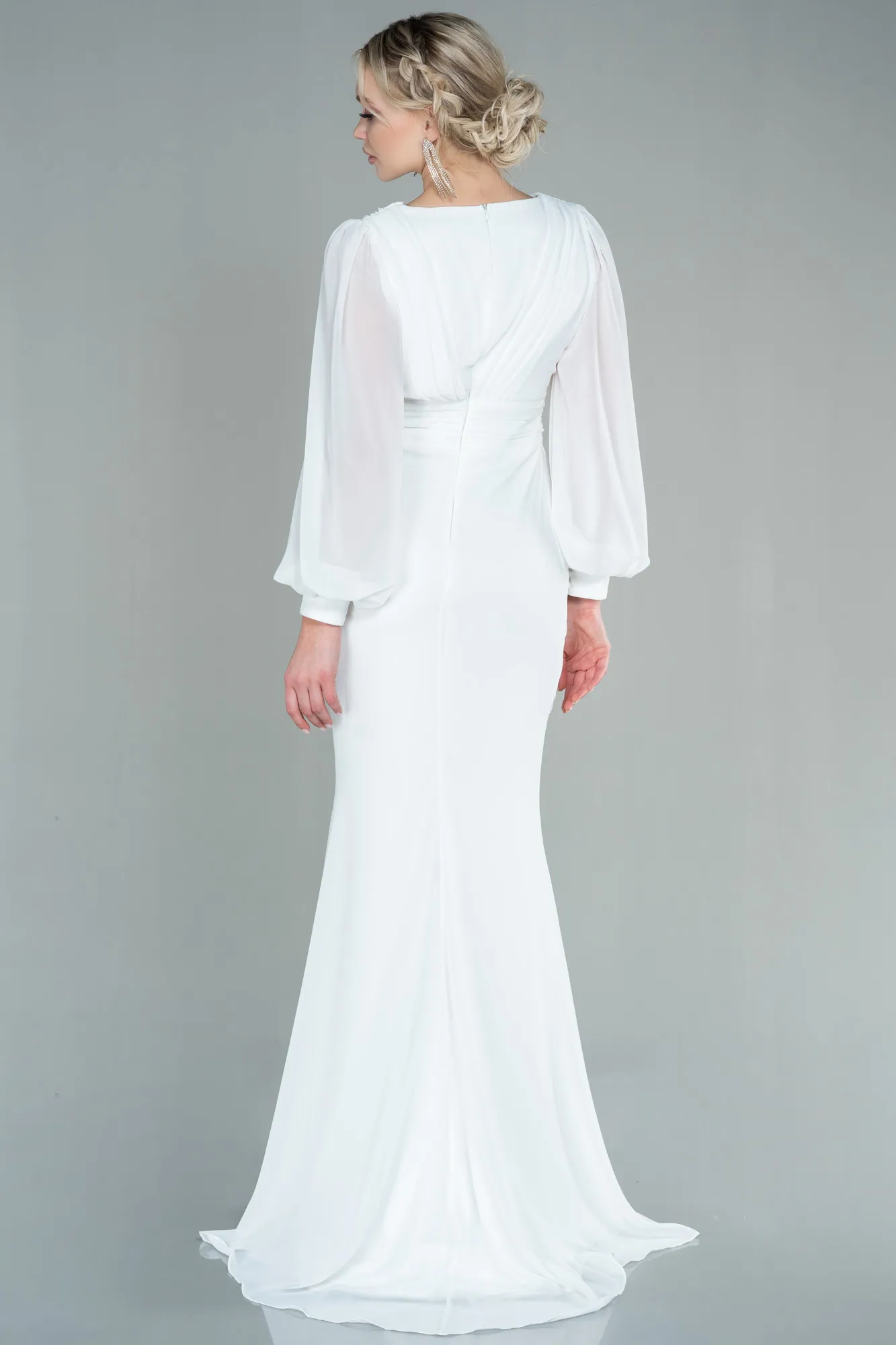 Ecru-Long Chiffon Evening Dress ABU2818