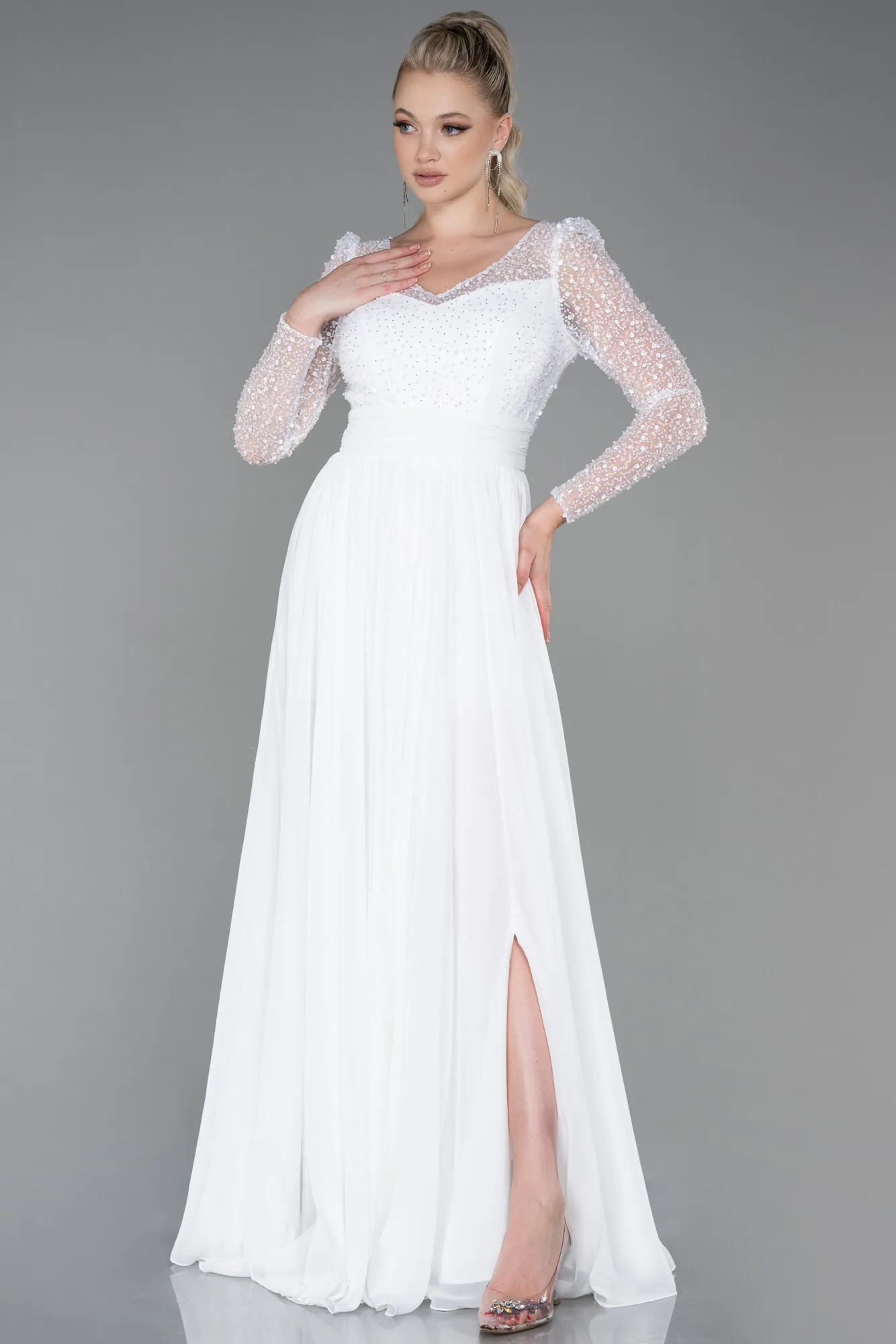 Ecru-Long Chiffon Evening Dress ABU3212