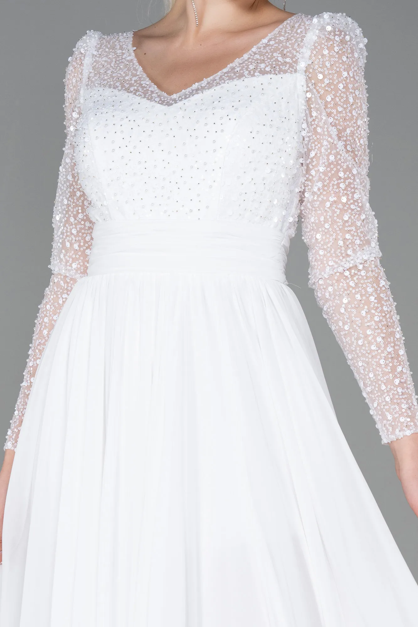 Ecru-Long Chiffon Evening Dress ABU3212