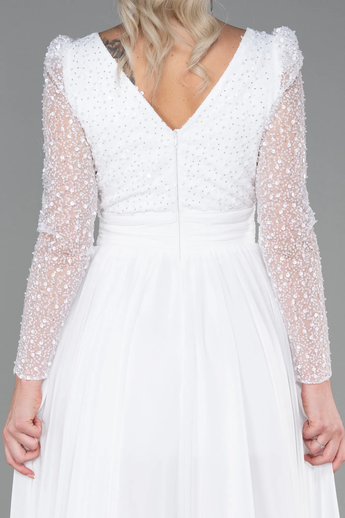 Ecru-Long Chiffon Evening Dress ABU3212