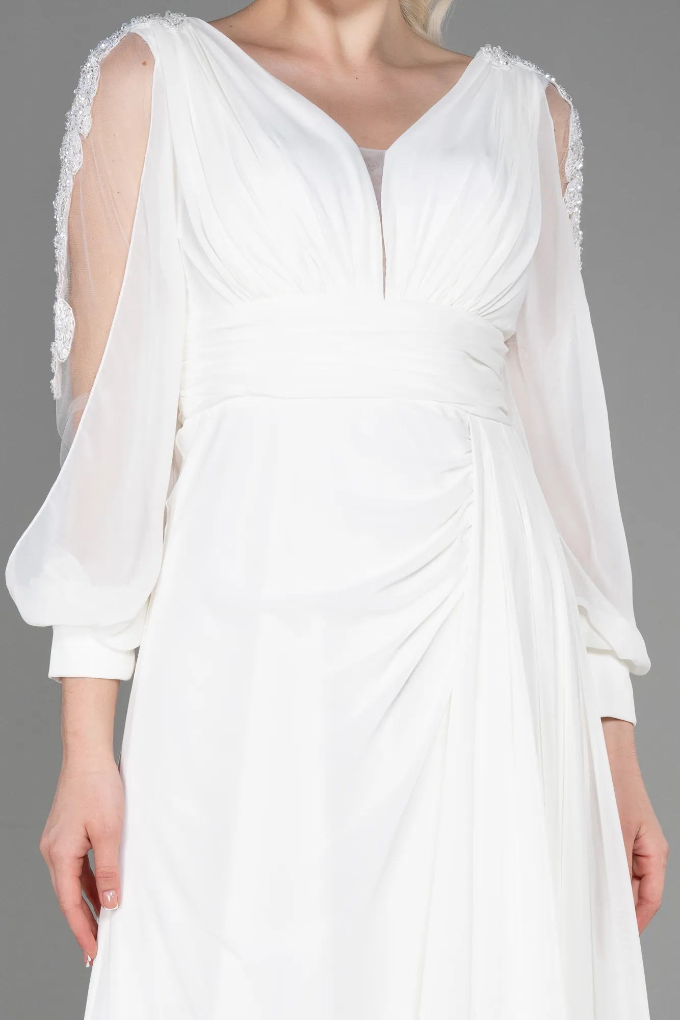 Ecru-Long Chiffon Evening Dress ABU3220