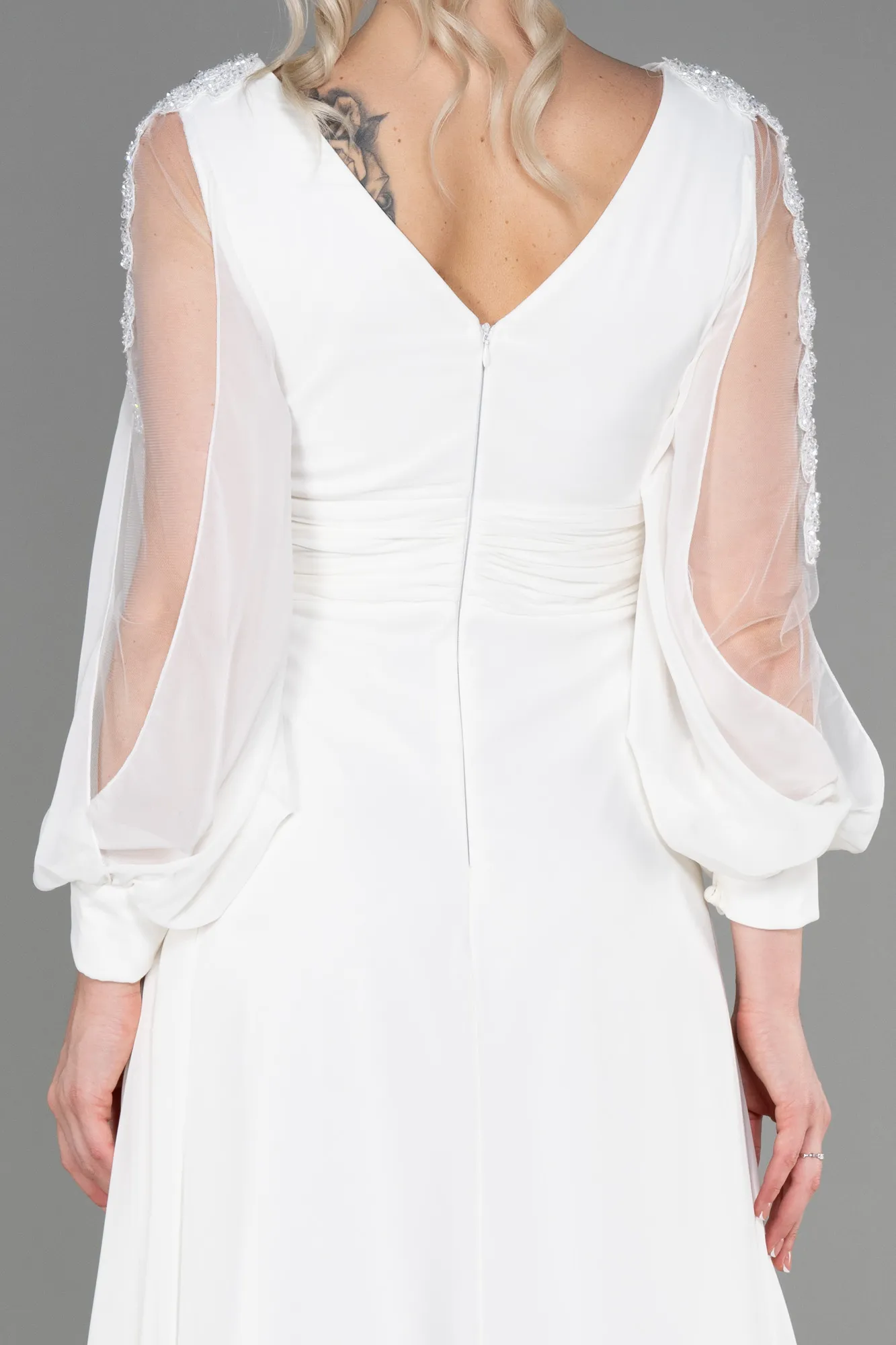 Ecru-Long Chiffon Evening Dress ABU3220