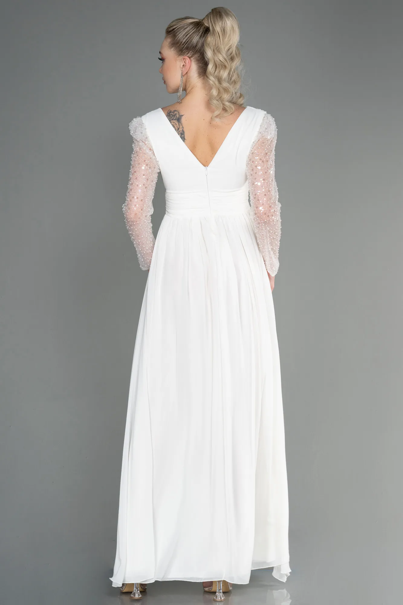 Ecru-Long Chiffon Evening Dress ABU3262