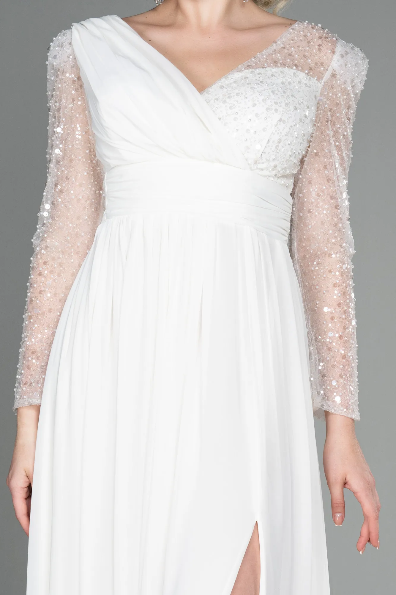 Ecru-Long Chiffon Evening Dress ABU3262