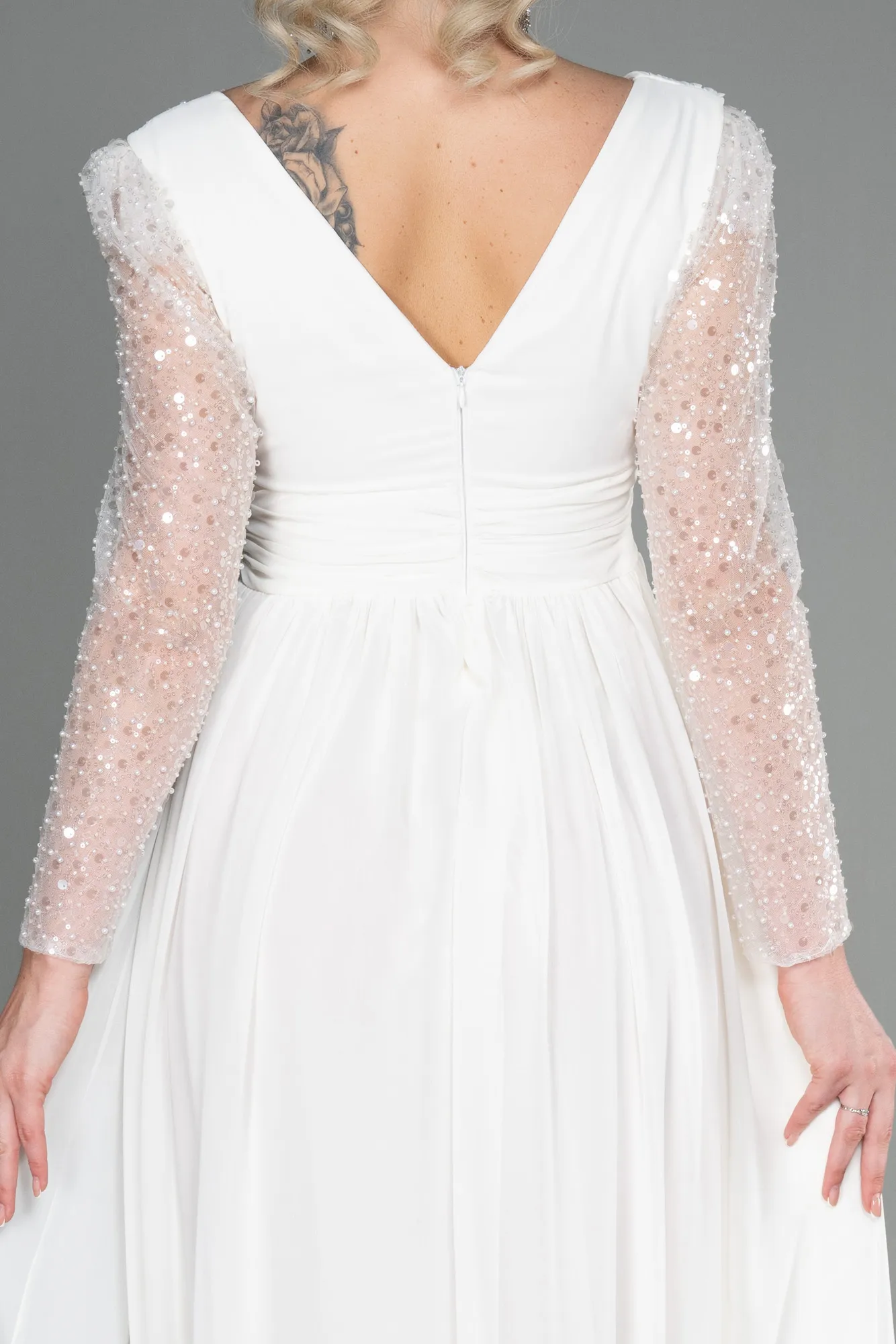 Ecru-Long Chiffon Evening Dress ABU3262