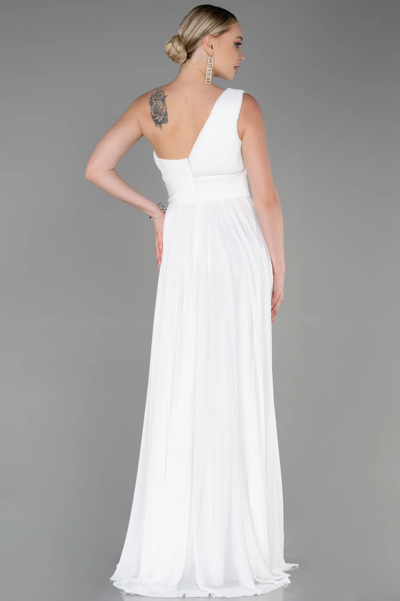 Ecru-Long Chiffon Evening Dress ABU3309