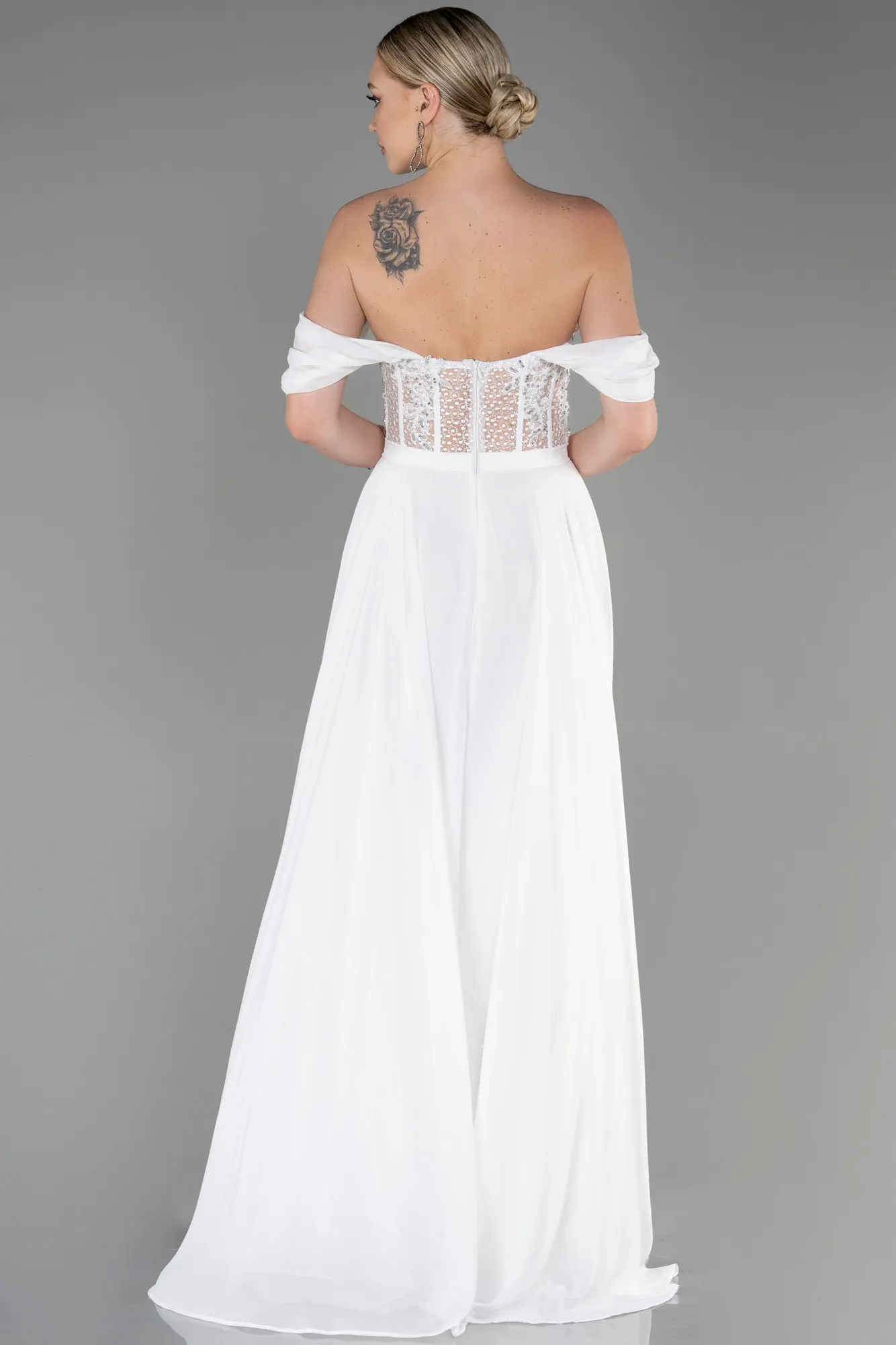 Ecru-Long Chiffon Evening Dress ABU3310