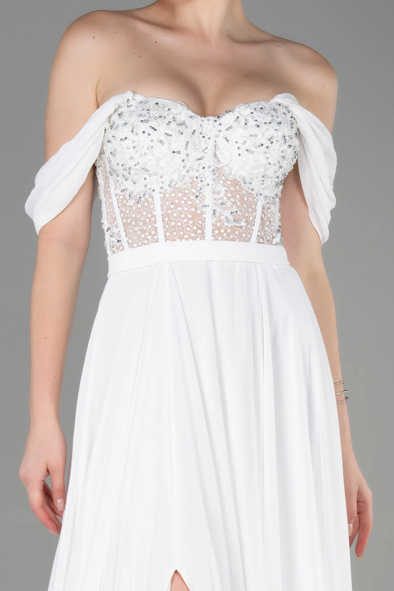 Ecru-Long Chiffon Evening Dress ABU3310