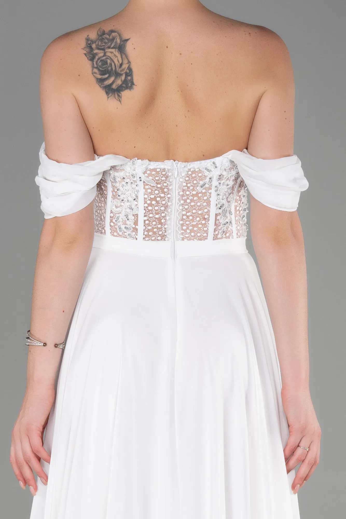 Ecru-Long Chiffon Evening Dress ABU3310