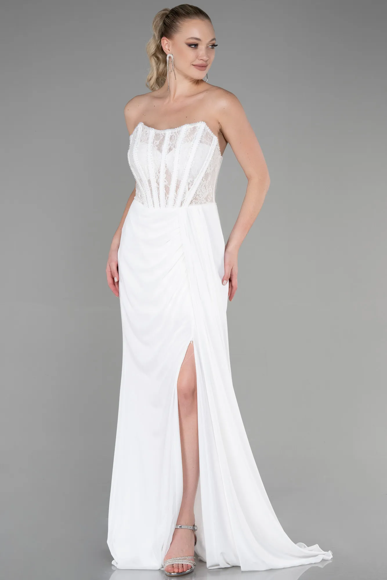 Ecru-Long Chiffon Evening Dress ABU3333