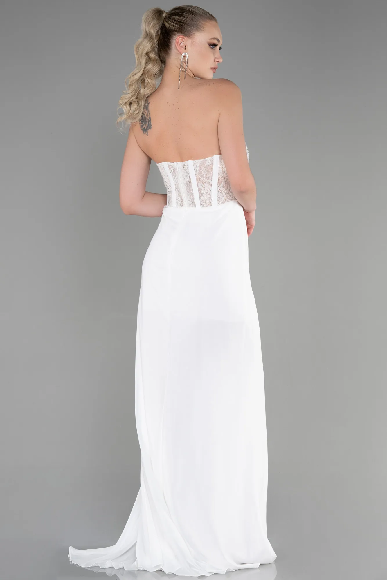 Ecru-Long Chiffon Evening Dress ABU3333