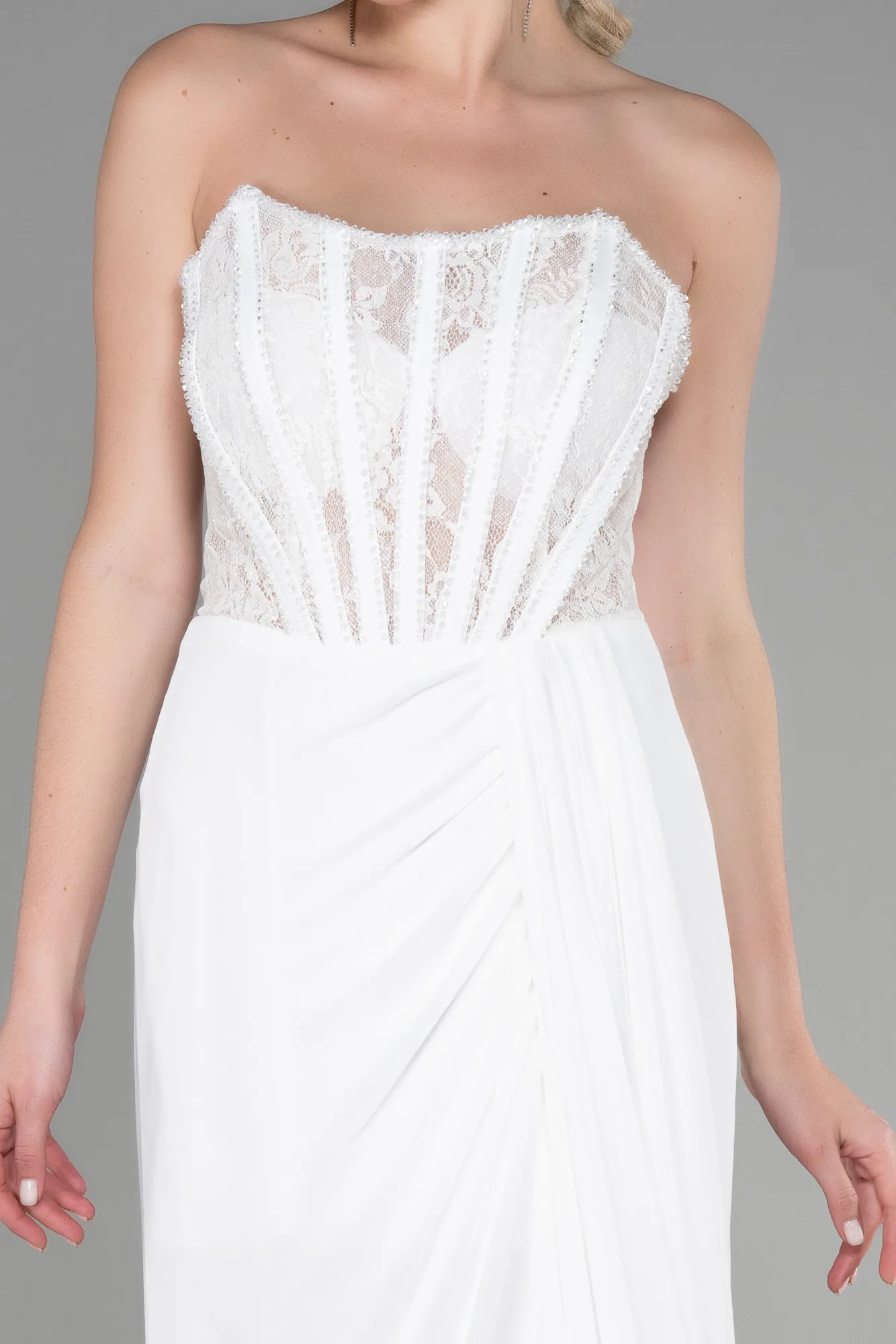 Ecru-Long Chiffon Evening Dress ABU3333