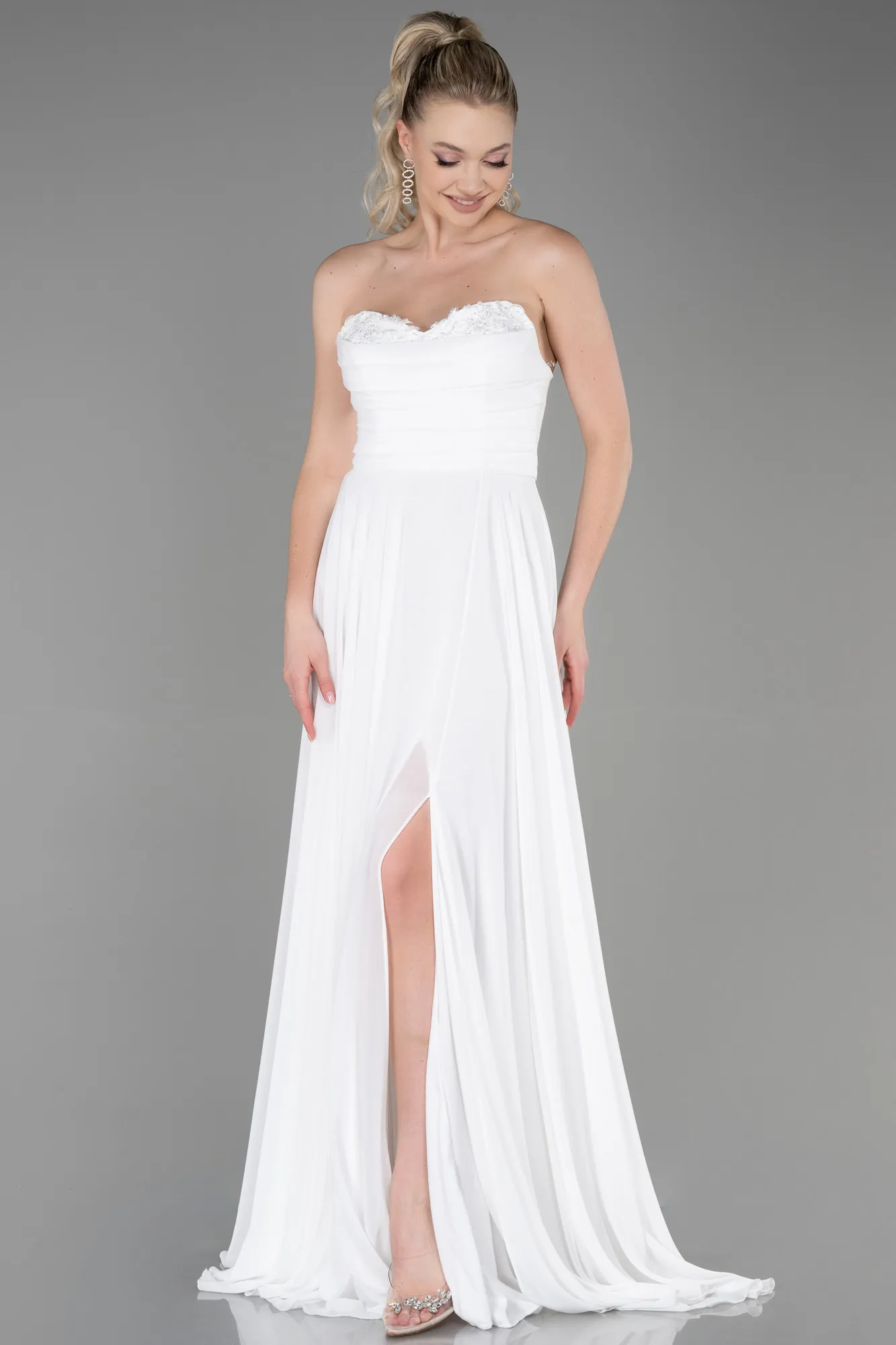 Ecru-Long Chiffon Evening Dress ABU3343