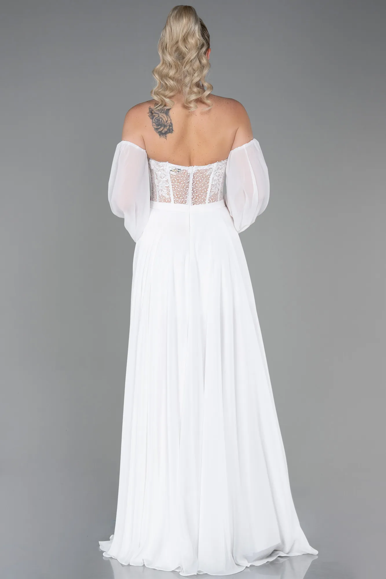 Ecru-Long Chiffon Evening Dress ABU3450