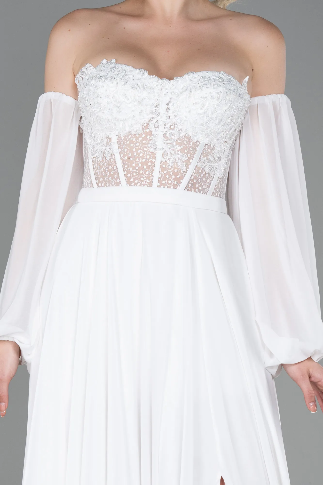 Ecru-Long Chiffon Evening Dress ABU3450