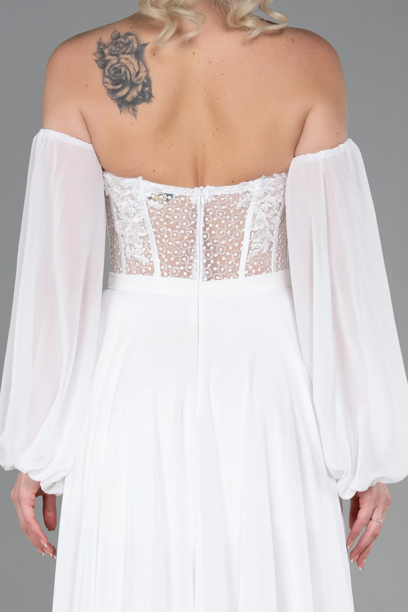 Ecru-Long Chiffon Evening Dress ABU3450