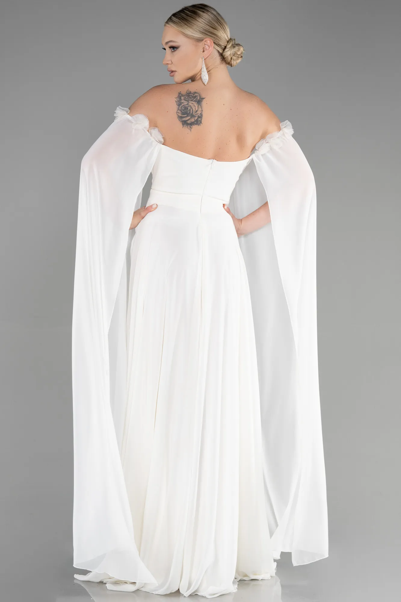 Ecru-Long Chiffon Evening Dress ABU3462