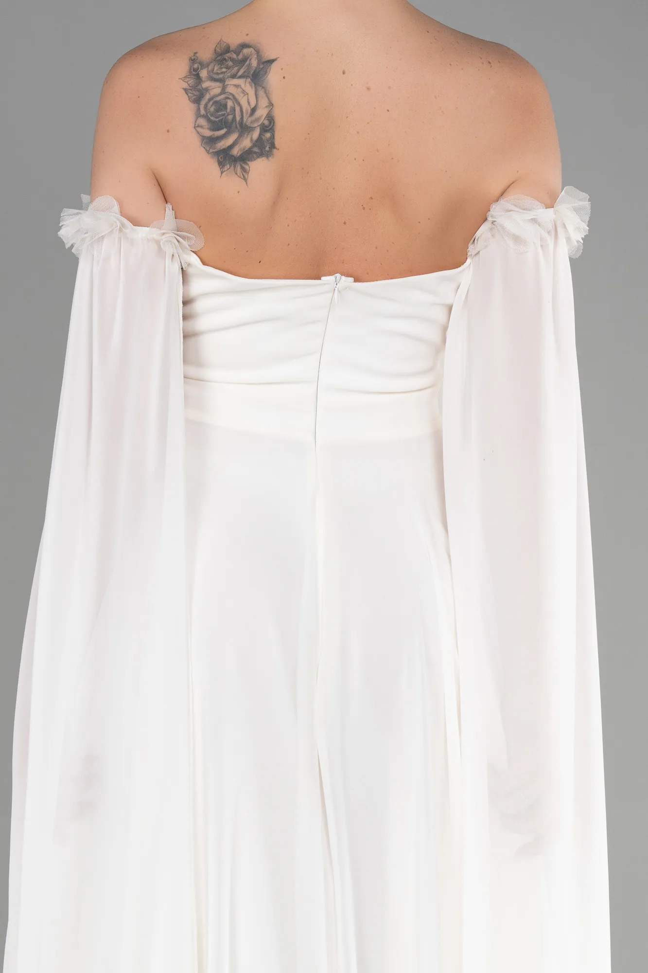 Ecru-Long Chiffon Evening Dress ABU3462