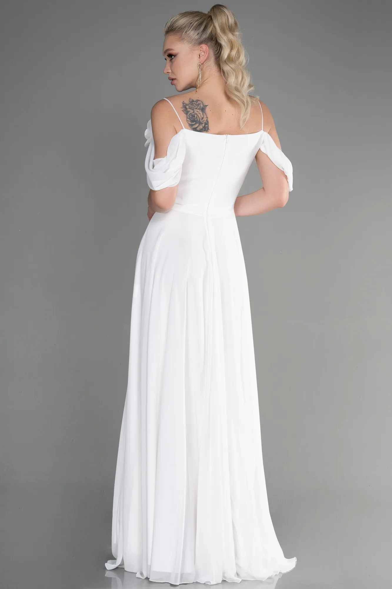 Ecru-Long Chiffon Evening Dress ABU3626