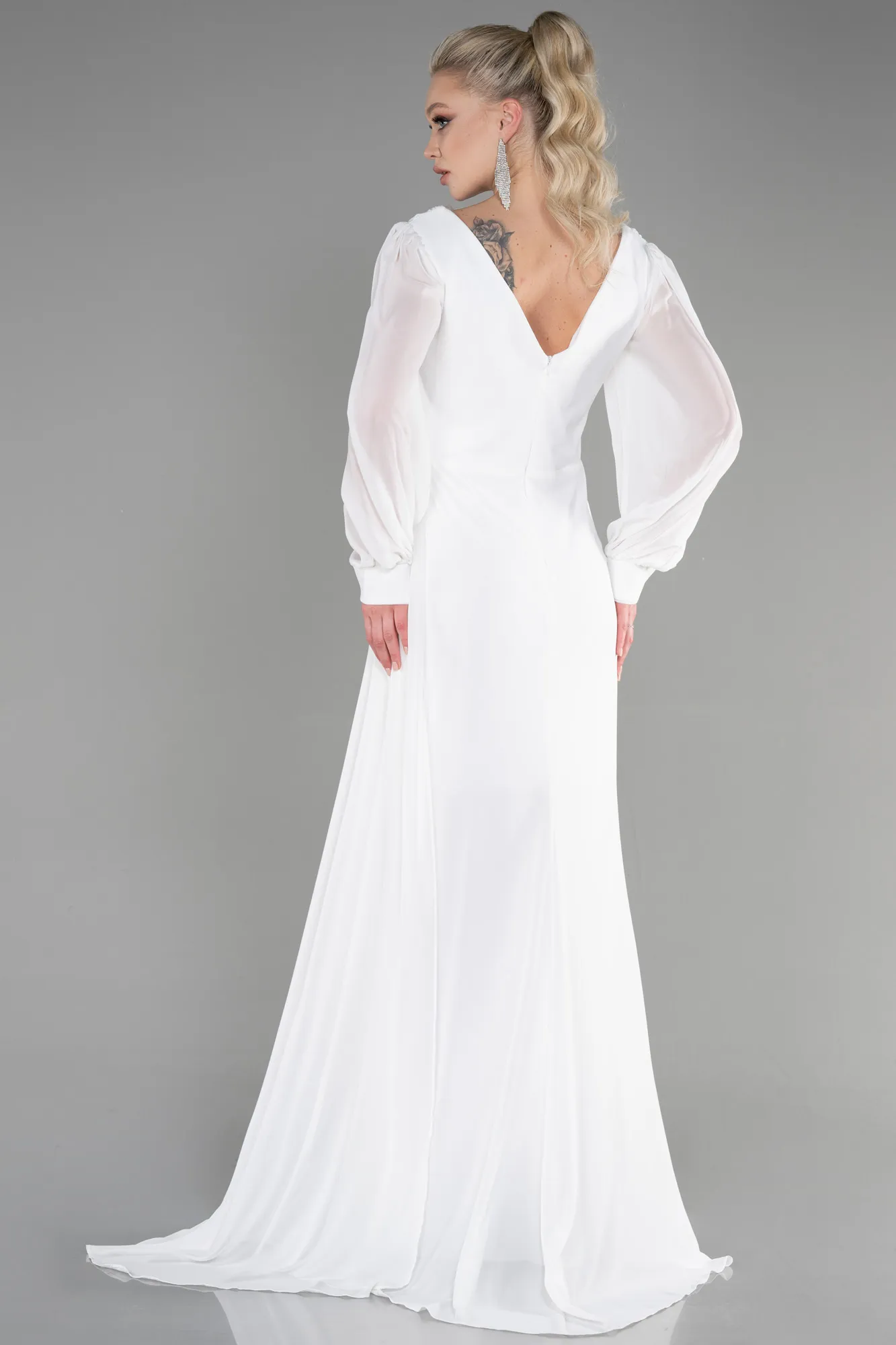 Ecru-Long Chiffon Evening Dress ABU3627