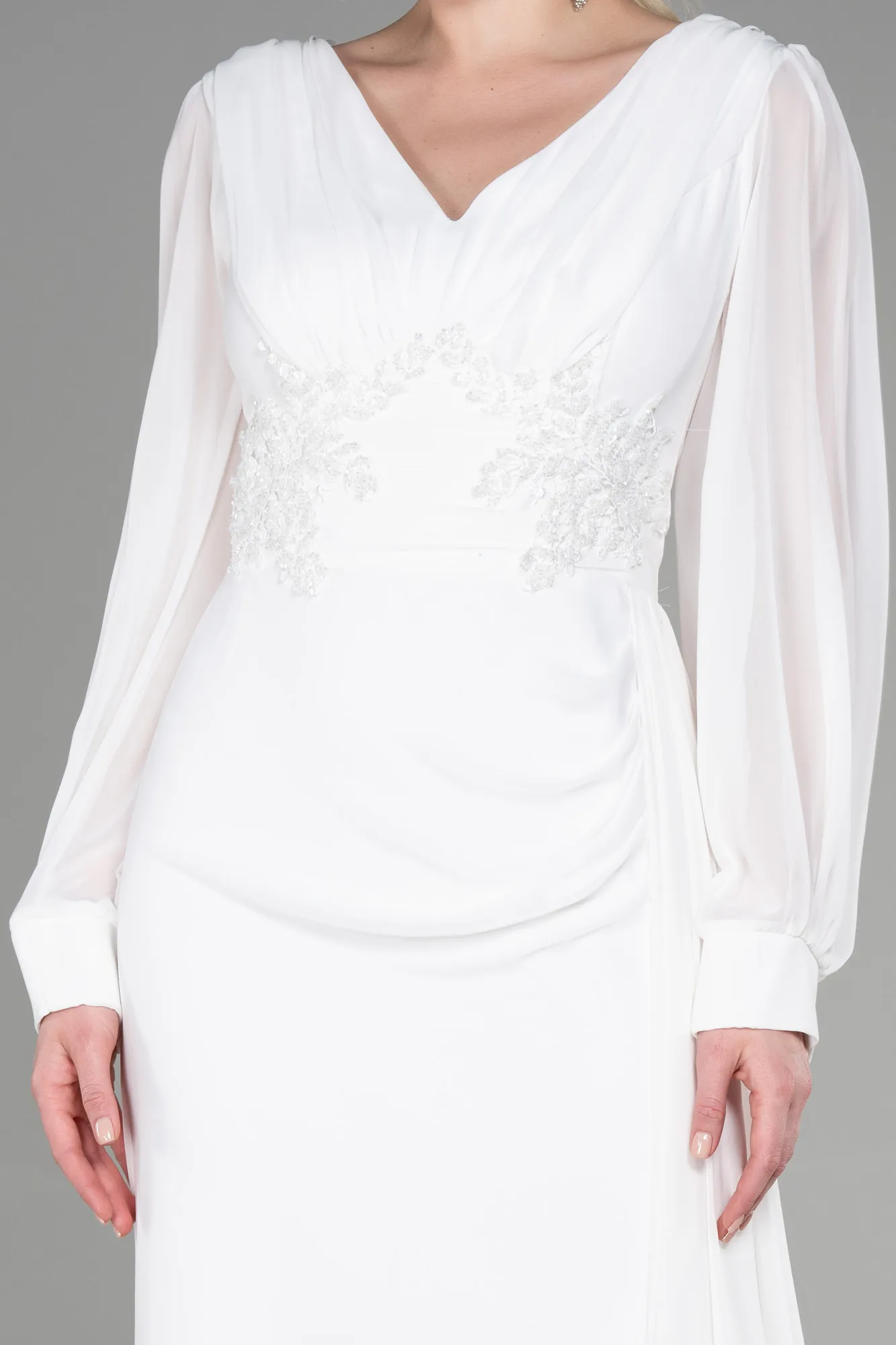 Ecru-Long Chiffon Evening Dress ABU3627