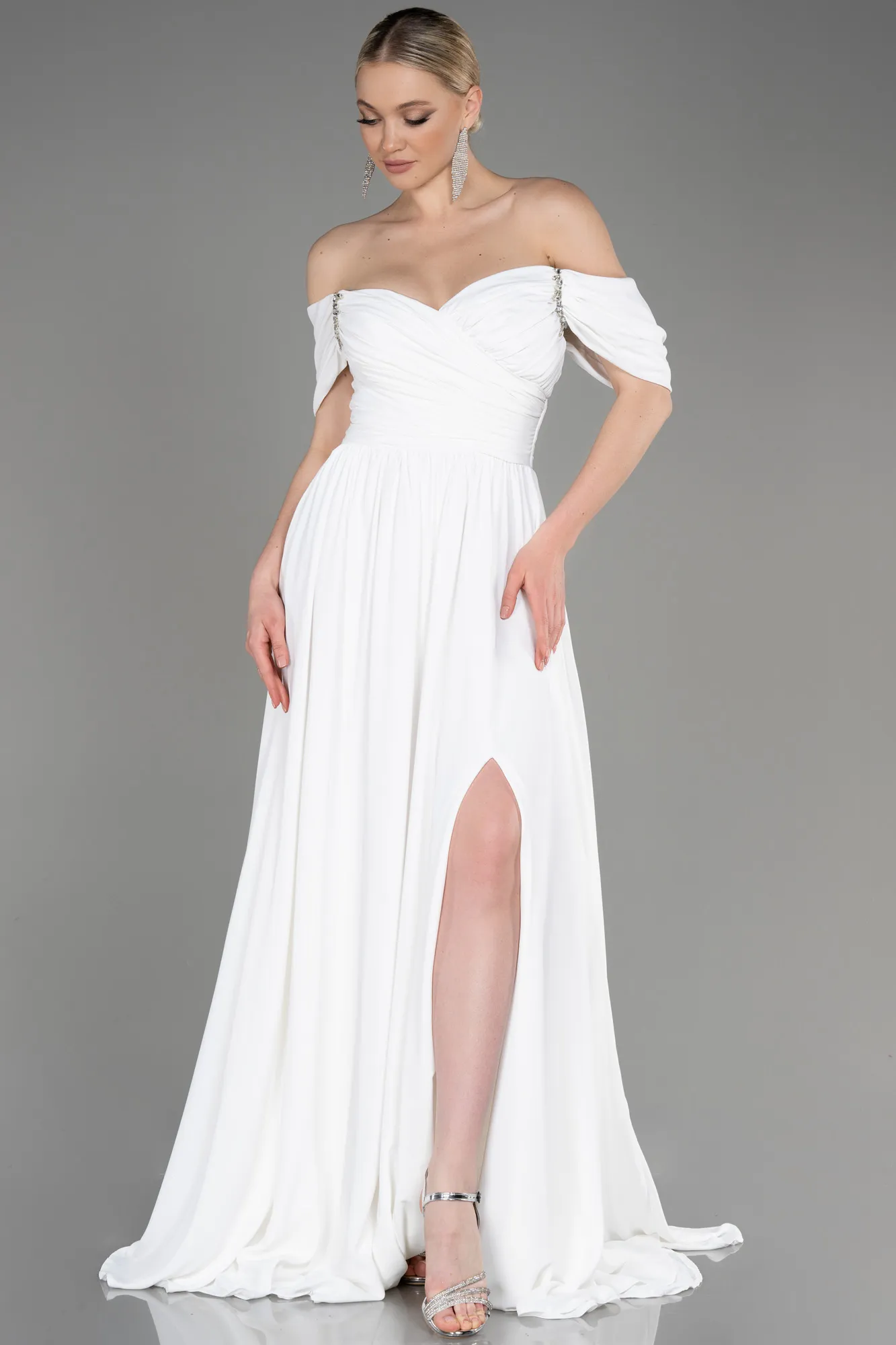 Ecru-Long Chiffon Evening Dress ABU3827