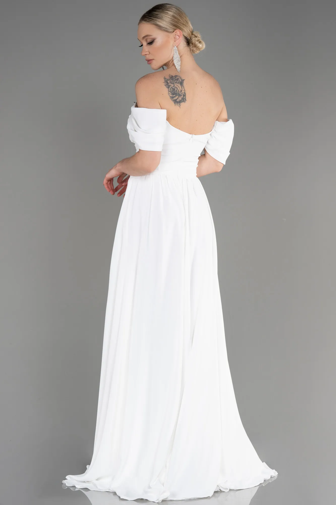 Ecru-Long Chiffon Evening Dress ABU3827