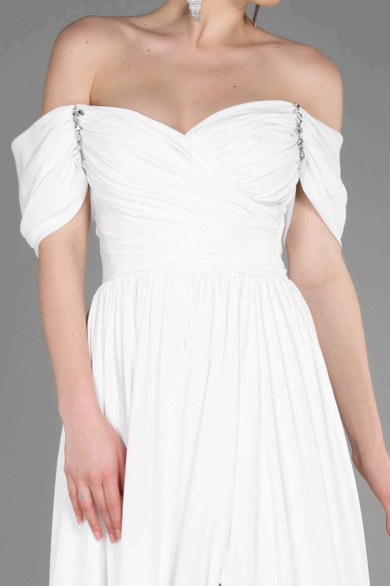 Ecru-Long Chiffon Evening Dress ABU3827