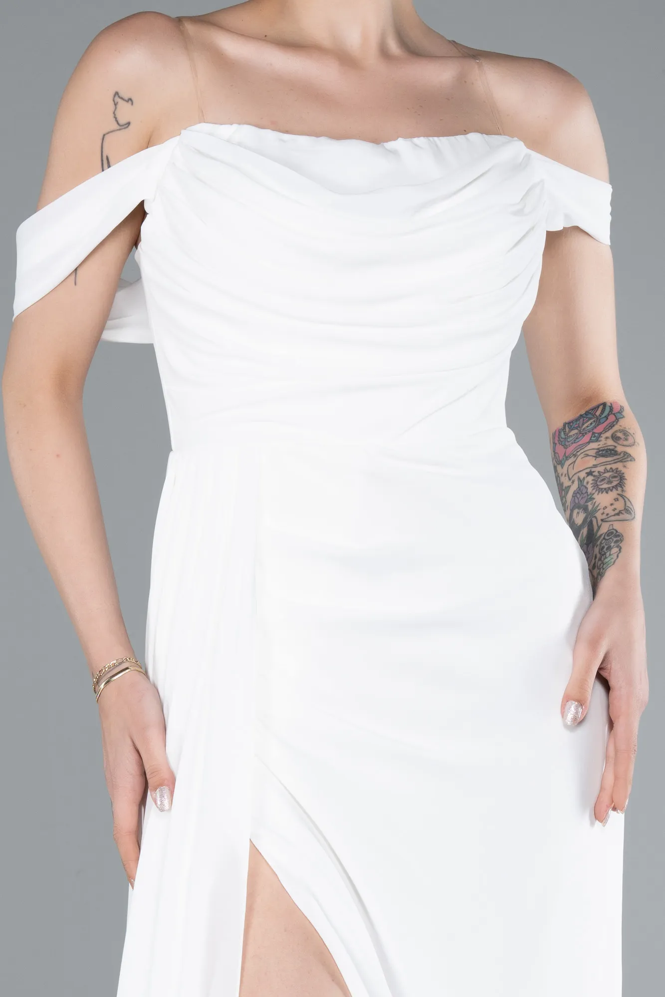 Ecru-Long Chiffon Evening Dress ABU4925