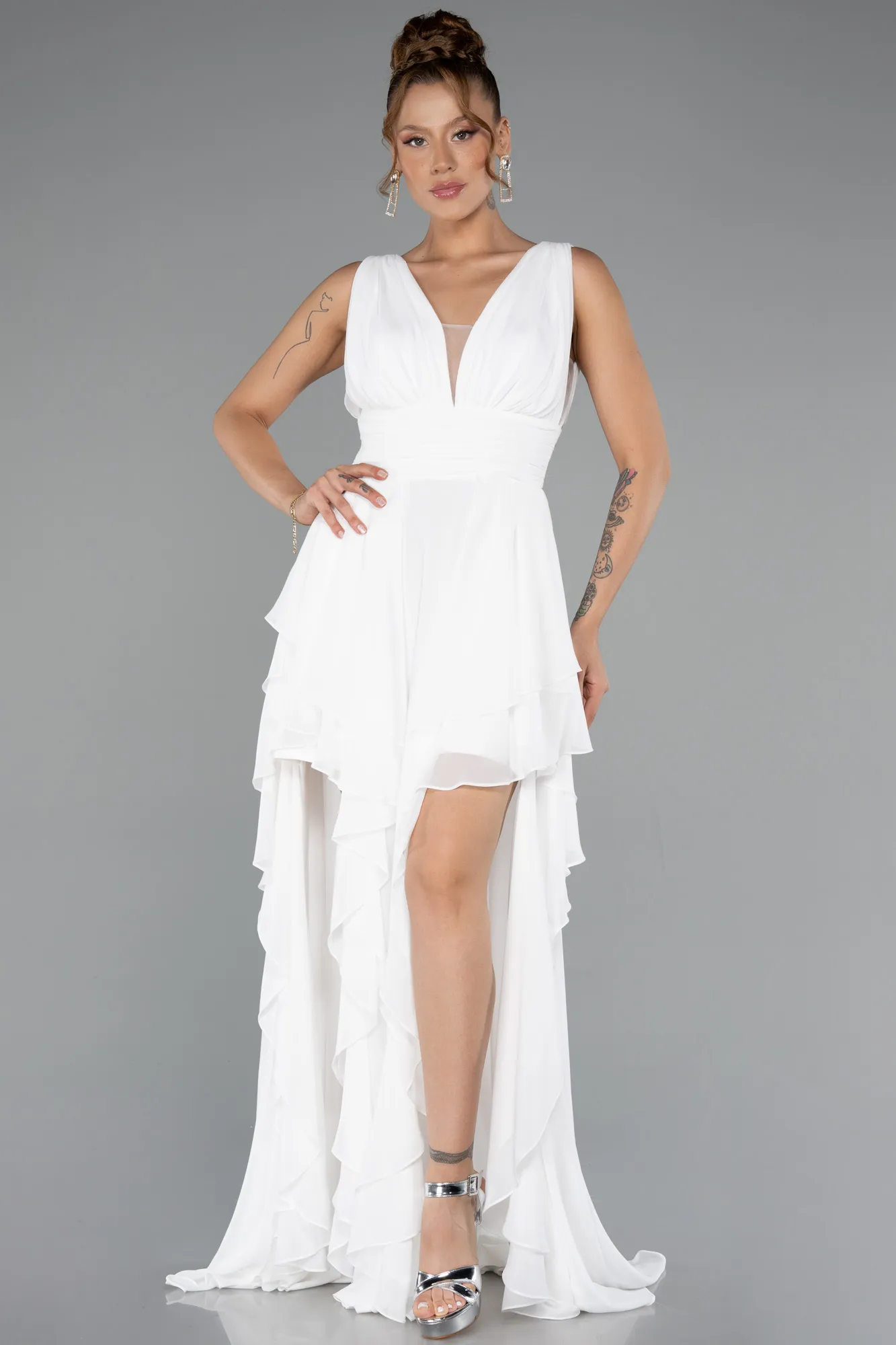 Ecru-Long Chiffon Evening Dress ABU5109