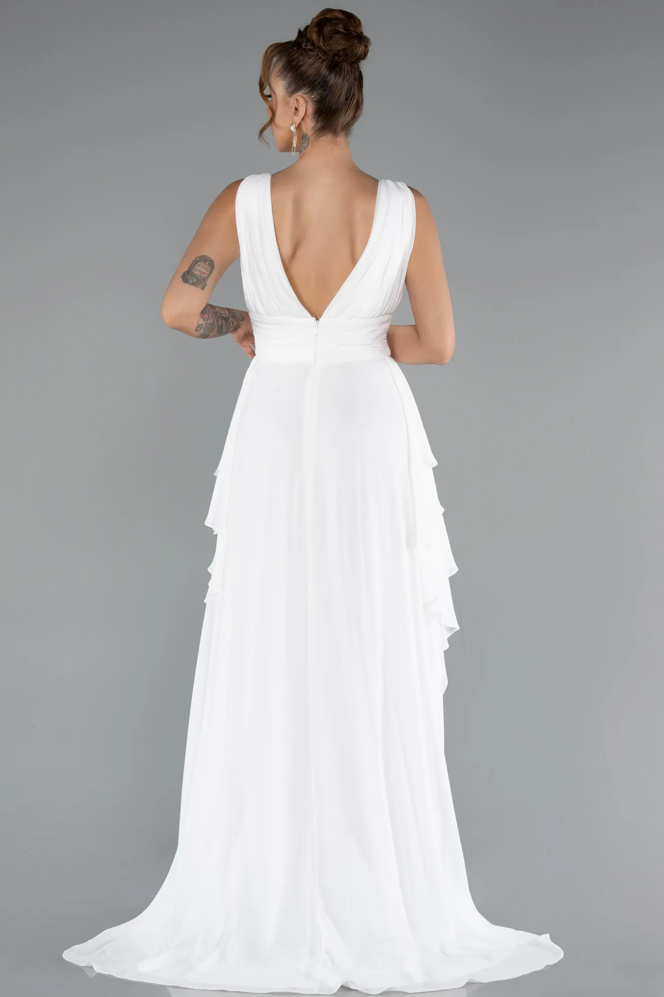 Ecru-Long Chiffon Evening Dress ABU5109