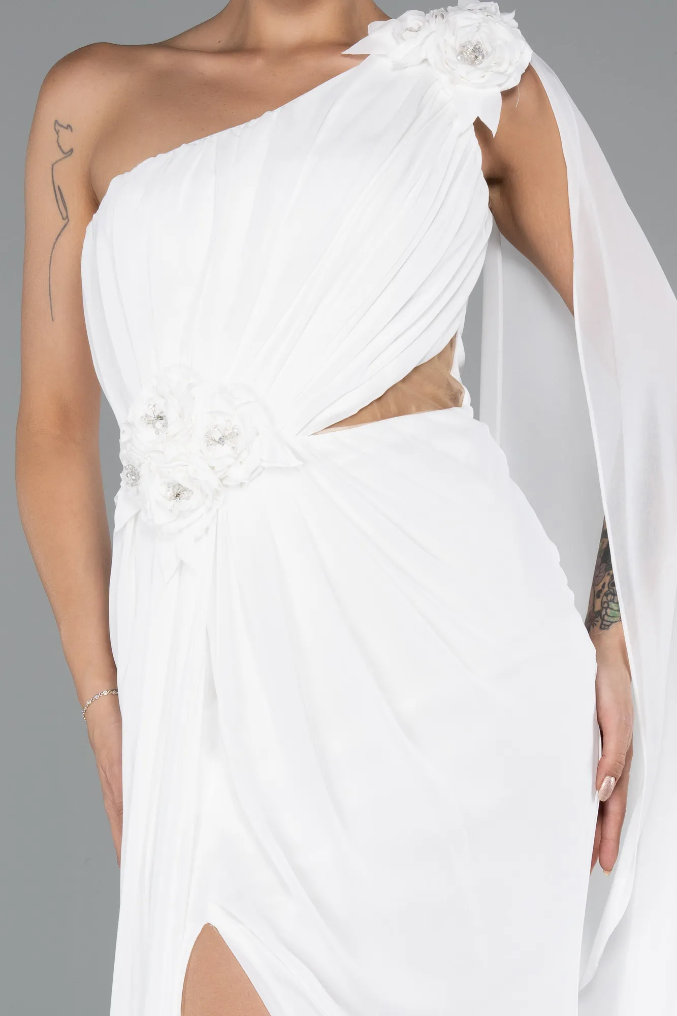 Ecru-Long Chiffon Evening Dress ABU5144