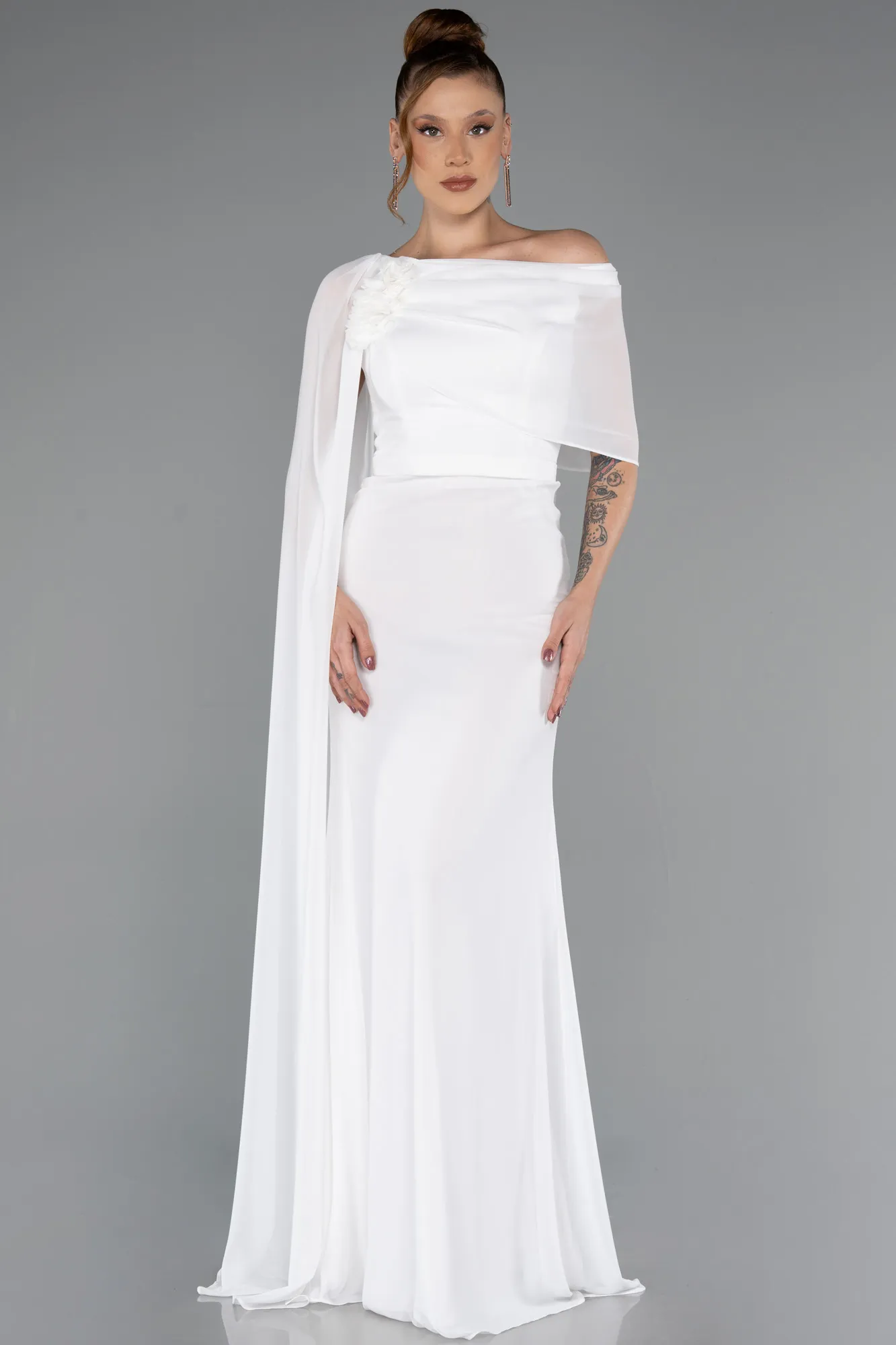 Ecru-Long Chiffon Evening Dress ABU5418