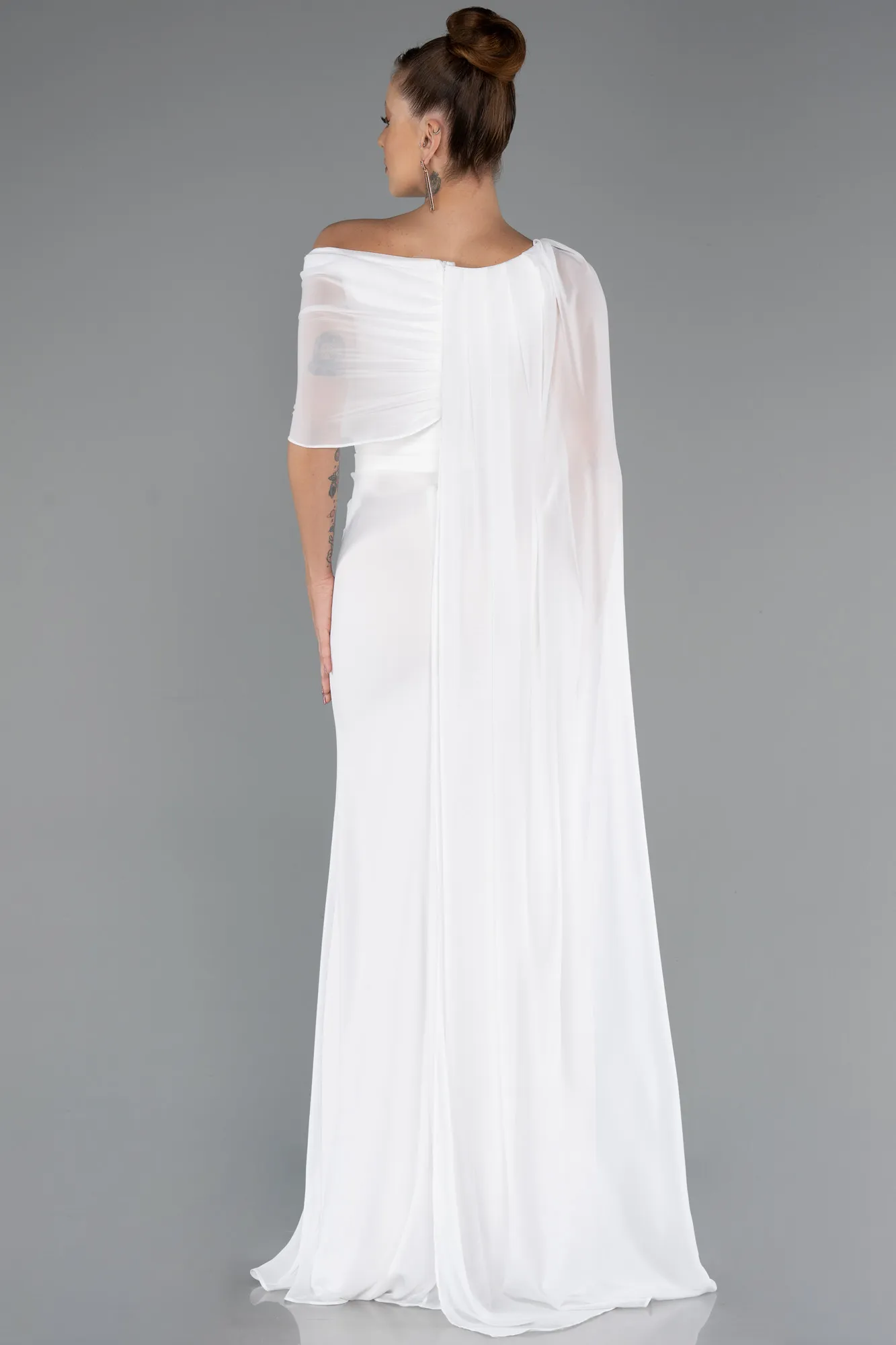 Ecru-Long Chiffon Evening Dress ABU5418