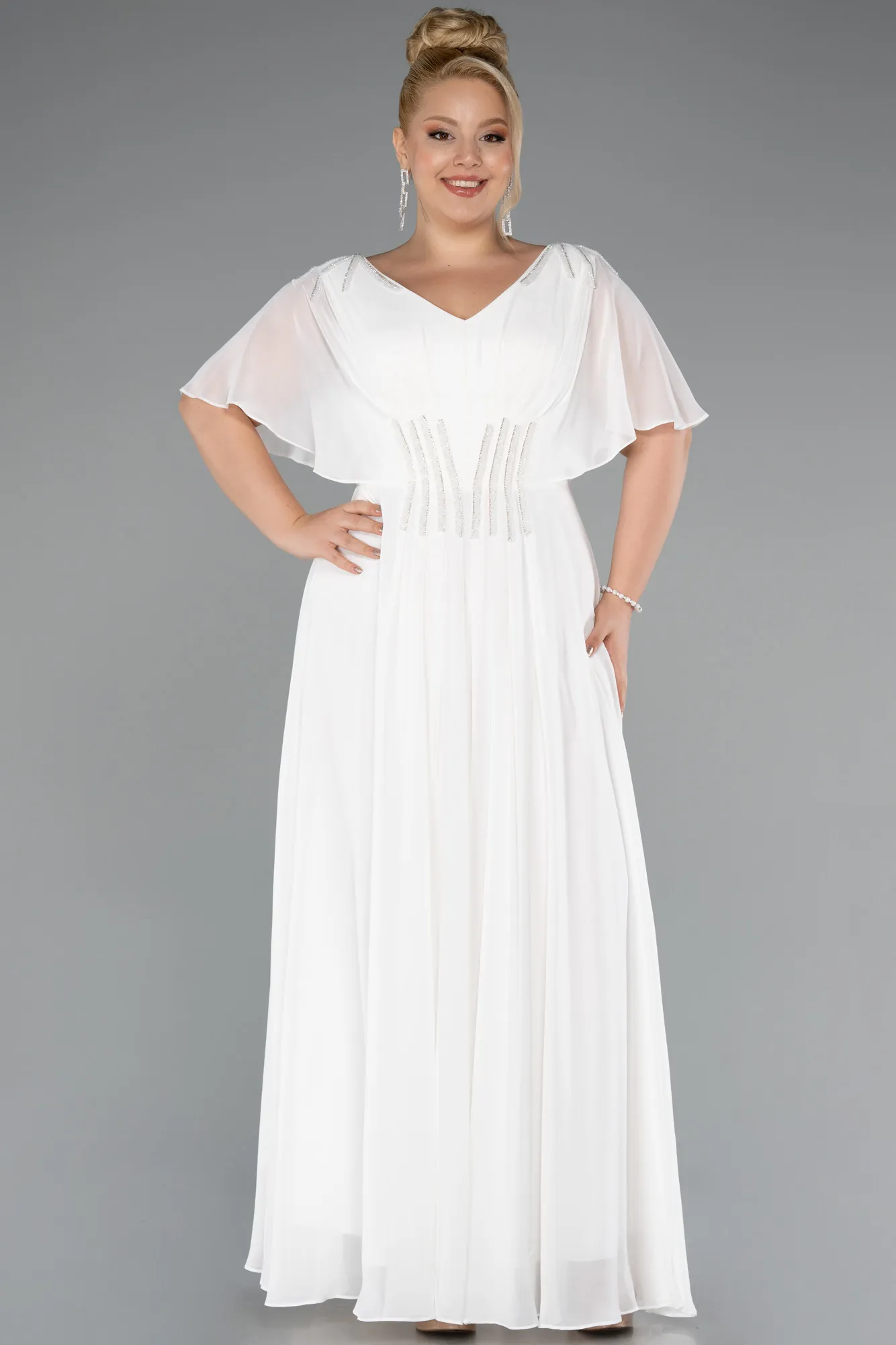 Ecru-Long Chiffon Formal Plus Size Dress ABU5159