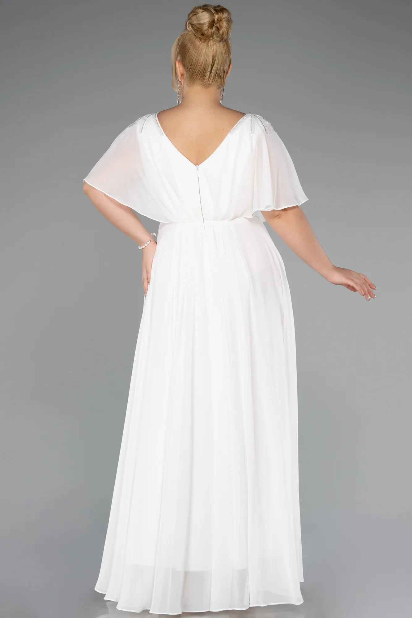 Ecru-Long Chiffon Formal Plus Size Dress ABU5159