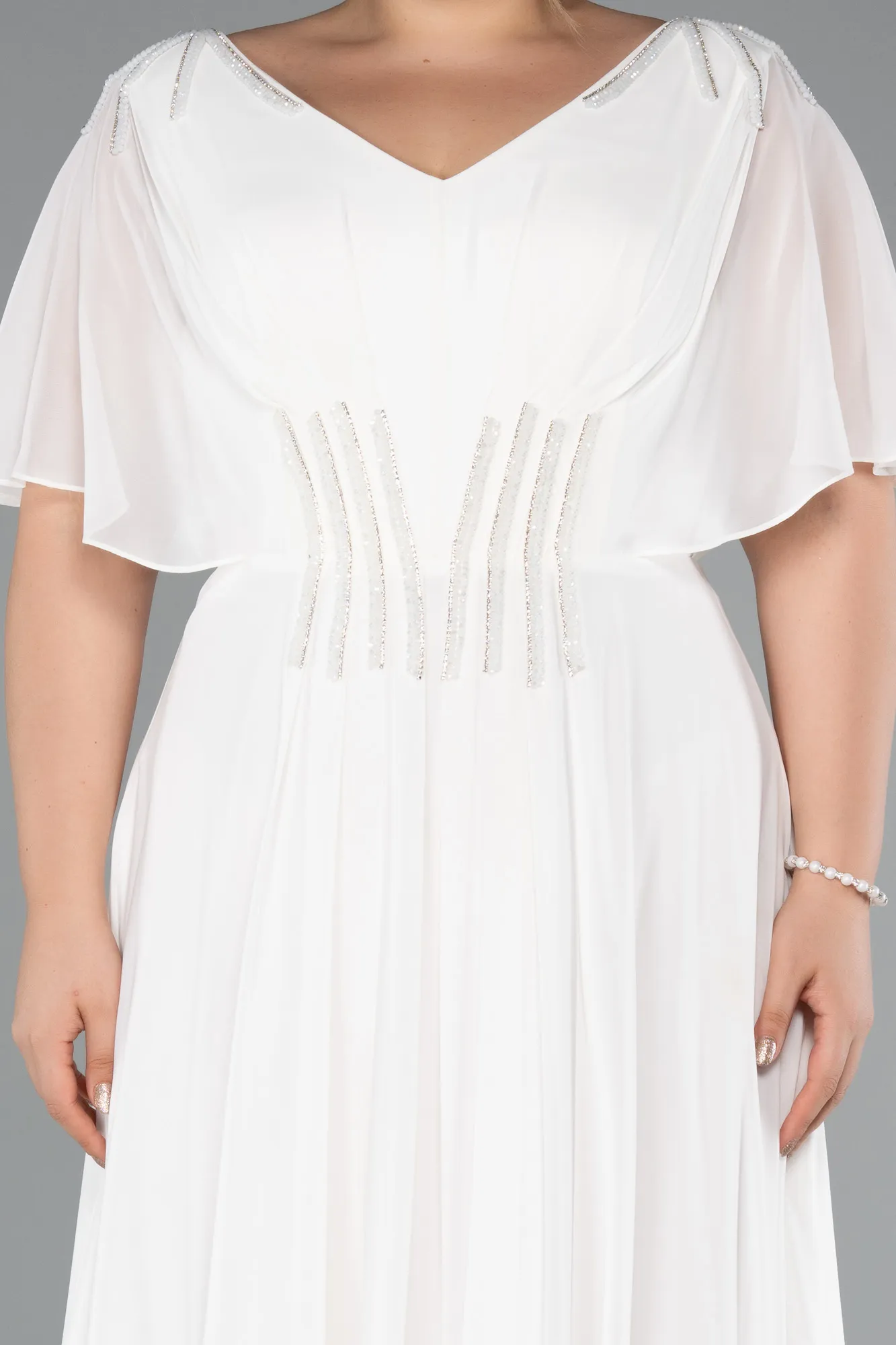 Ecru-Long Chiffon Formal Plus Size Dress ABU5159